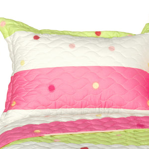Pink Green Polka Dot & Striped Girl Bedding Twin Full/Queen King Quilt Set - Pillow Sham