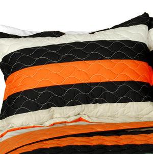 Black Orange Tan Striped Teen Boy Bedding Full/Queen Quilt Set - Pillow Sham