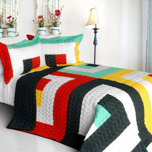 Green Black White Geometric Teen Bedding Girl Boy Full/Queen Quilt Set Colorful Bedspread