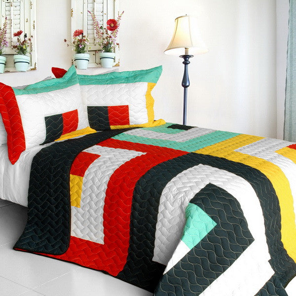 Red Black White Green & Yellow Geometric Teen Bedding Full/Queen Quilt Set Modern Bedspread