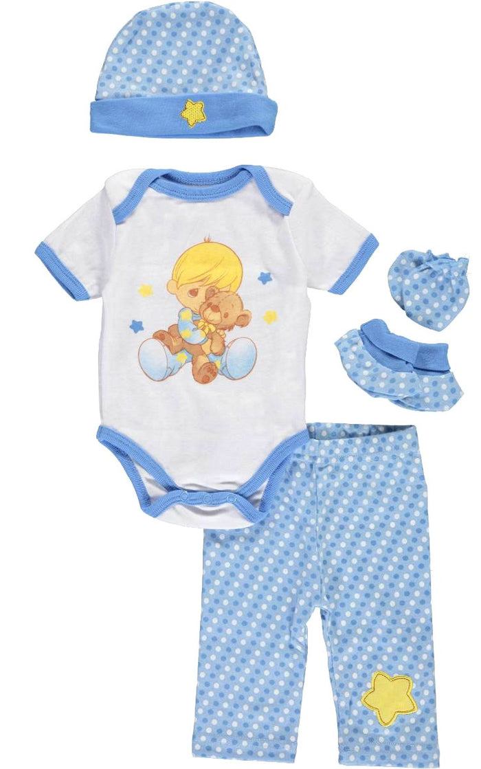Precious Moments Baby Boy Clothing 5-Piece Blue Layette Gift Set Newborn 0-3 Months - Bodysuit Pants Hat Mitts Booties Boy Hugging a Bear