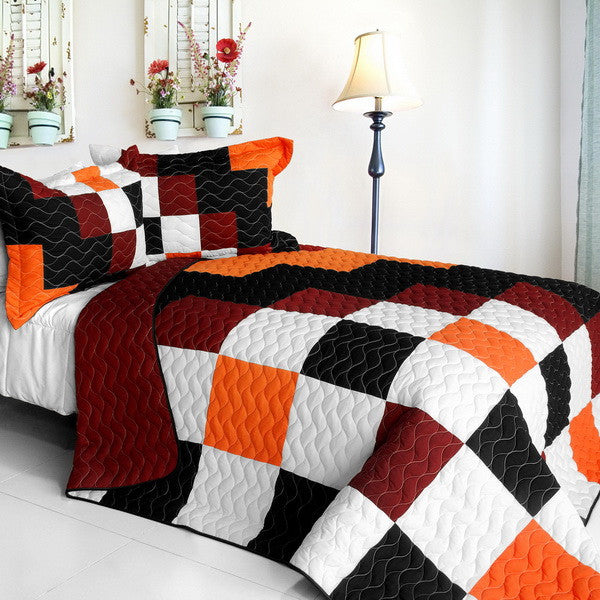 Modern Black White Orange & Red Teen Bedding Full/Queen Quilt Set Patchwork Geometric Bedspread