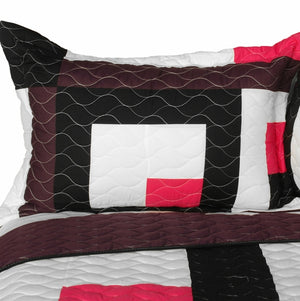 Hot Pink White Brown & Black Patchwork Geometric Teen Bedding Full/Queen Quilt Set