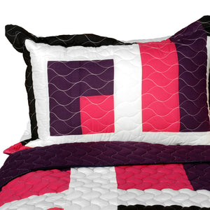 Hot Pink Black White & Brown Patchwork Geometric Teen Bedding Full/Queen Quilt Set