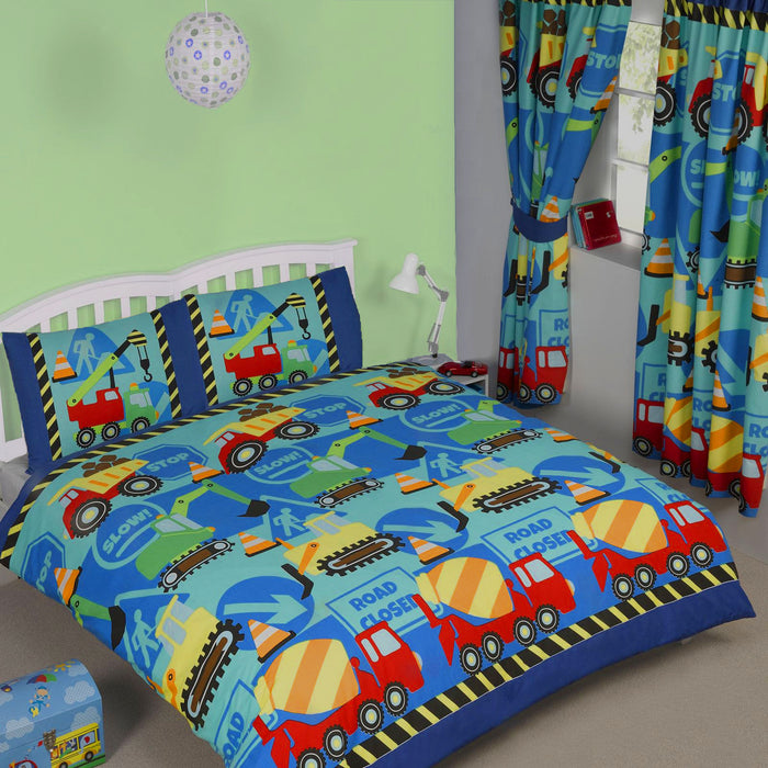 Blue Construction Truck Equipment Kids Bedding Full Duvet Cover / Comforter Cover Bed Set or Curtains