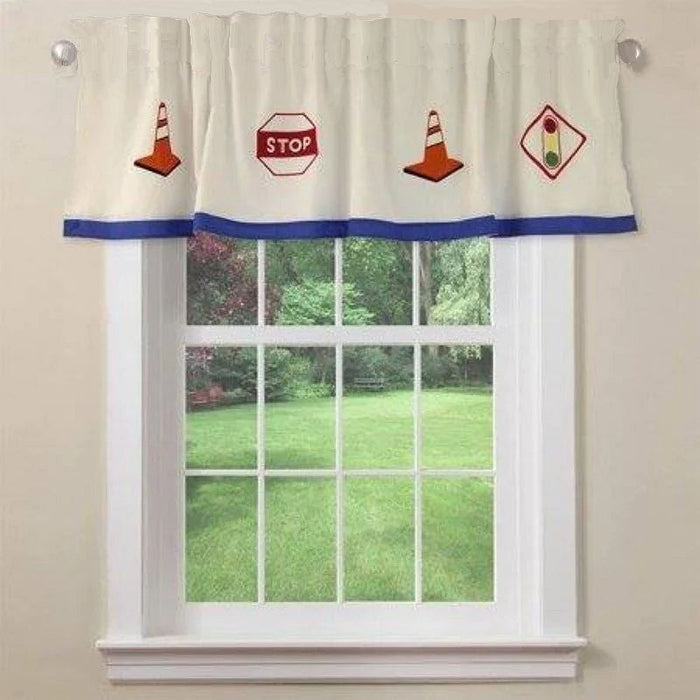 Construction Zone Kids Window Valance for Boys White Blue Embroidered & Lined Cotton 18 x 70