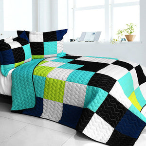 Black White Turquoise Teen Boy Bedding Full/Queen Quilt Set Modern Geometric Bedspread
