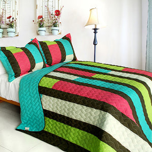 Turquoise Blue Green & Hot Pink Striped Teen Bedding Full/Queen Quilt Set Modern Bedspread