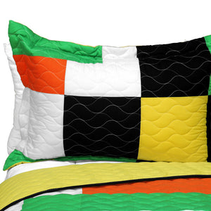 Black White Green Yellow Bedding Full/Queen Quilt Set - Pillow Sham