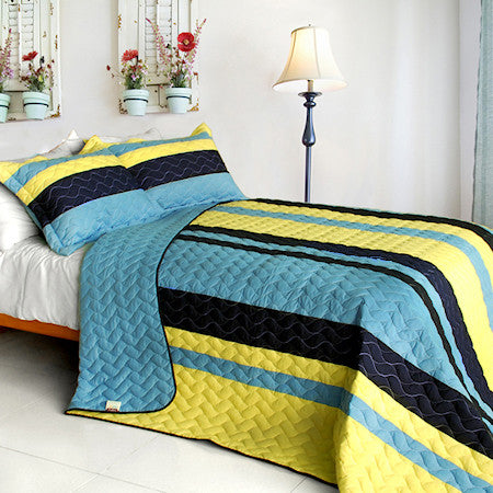 Modern Blue Yellow Striped Teen Bedding Full/Queen Quilt Set Oversized Bedspread