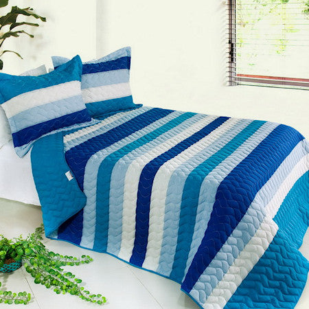 Blue & White Striped Teen Boy or Girl Bedding Striped Quilt Set Oversized Bedspread