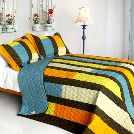 Blue Yellow Brown Striped Teen Boy Bedding Full/Queen Quilt Set Modern Bedspread