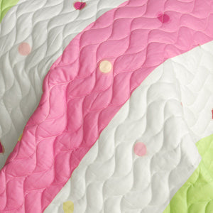 Pink Green Polka Dot & Striped Girl Bedding Twin Full/Queen King Quilt Set - Detail