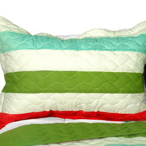 Green Red Blue Striped Teen Bedding Full/Queen Quilt Set - Pillow Sham