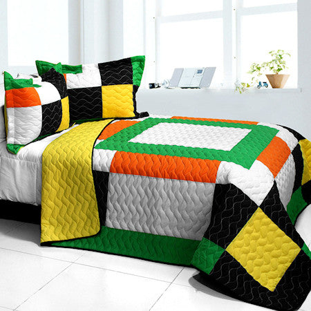 Modern Black White Green & Yellow Patchwork Teen Bedding Full/Queen Quilt Set Geometric Bedspread