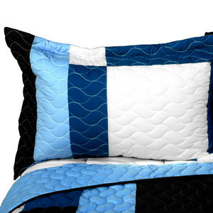 Blue White & Navy Geometric Block & Stripe Boys Bedding Full/Queen Patchwork Teen Quilt Set Modern Bedspread