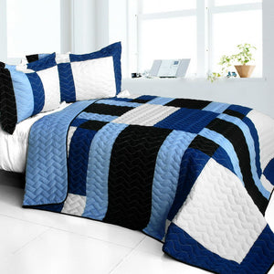 Blue White & Navy Geometric Block & Stripe Boys Bedding Full/Queen Patchwork Teen Quilt Set Modern Bedspread