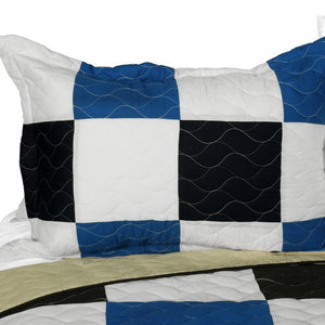 Elegant Blue Black & White Checkered Teen Boy Bedding Full/Queen Quilt Set - Pillow Sham