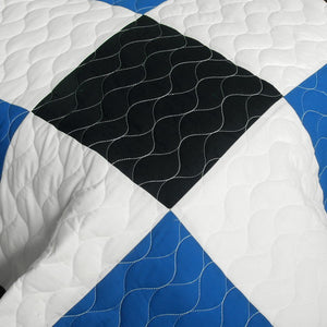 Elegant Blue Black & White Checkered Teen Boy Bedding Full/Queen Quilt Set - Detail
