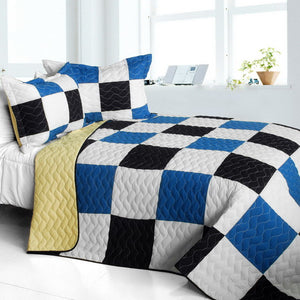 Elegant Blue Black & White Checkered Teen Boy Bedding Full/Queen Quilt Set Geometric Patchwork Bedspread