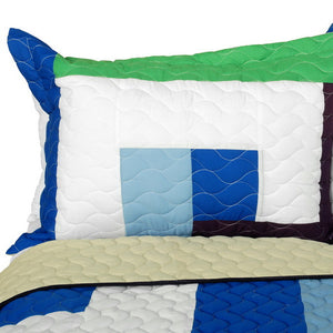 Blue Green White & Purple Striped Teen Bedding Full/Queen Quilt Set - Pillow Sham