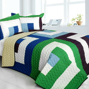 Blue Green White & Purple Striped Teen Bedding Full/Queen Quilt Set Modern Geometric Bedspread