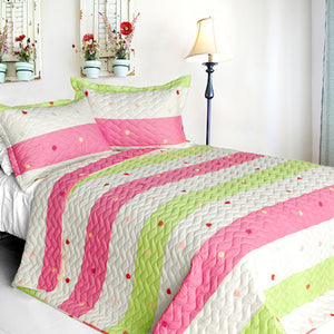 Pink Green Polka Dot & Striped Girl Bedding Twin Full/Queen King Quilt Set Modern Bedspread