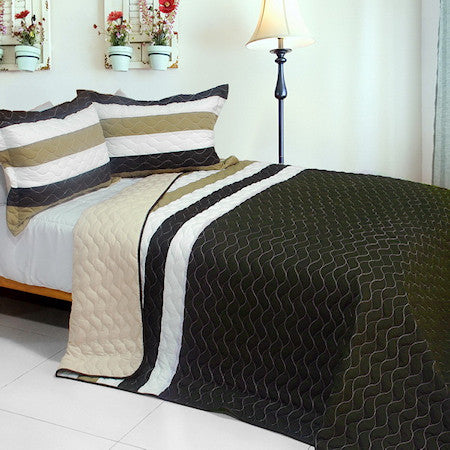 Brown White Tan Striped Teen Bedding Full/Queen Quilt Set Elegant Modern Bedspread