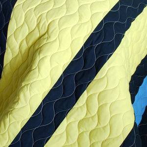 Blue Yellow Navy Striped Teen Bedding Boy or Girl Full/Queen Quilt Set - Detail