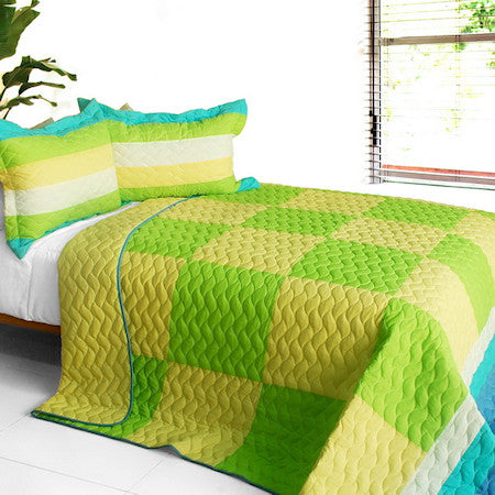 Lime Green Yellow Turquoise Blue Patchwork Teen Bedding Full/Queen Quilt Set Geometric Modern Bedspread