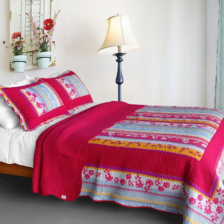 Red Hot Pink Floral Full/Queen Girl Bedding Blooming Garden Cotton Quilt Set