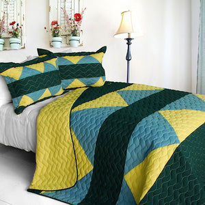 Green Blue Yellow Geometric Teen Boy Bedding Full/Queen Quilt Set Oversized Modern Bedspread