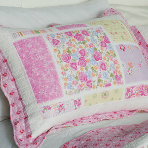 Floral Pink Rose Print Girl Bedding Full/Queen Quilt Set - Pillow Sham