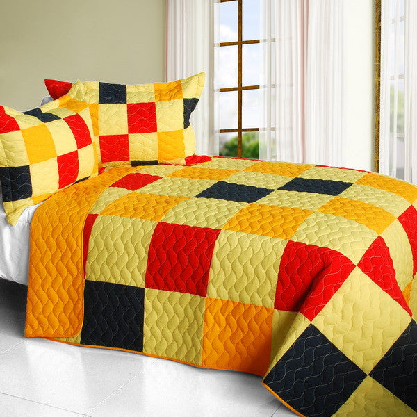 Yellow Black Red Checkered Teen Boy Bedding Full/Queen Geometric Quilt Set