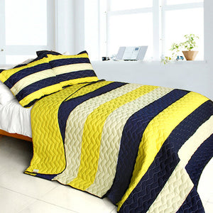 Navy Blue Yellow Striped Teen Boy Bedding Full/Queen Quilt Set Bedspread