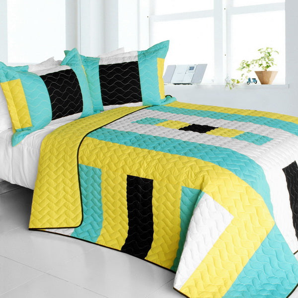 Black Green Yellow Geometric Teen Bedding Full/Queen Quilt Set Patchwork Colorblock Bedspread
