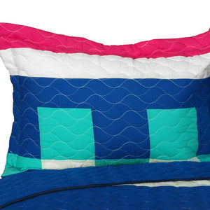Blue Green White & Hot Pink Teen Girl Bedding Full/Queen Geometric Quilt Set - Pillow Sham