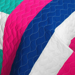 Blue Green White & Hot Pink Teen Girl Bedding Full/Queen Geometric Quilt Set - Detail