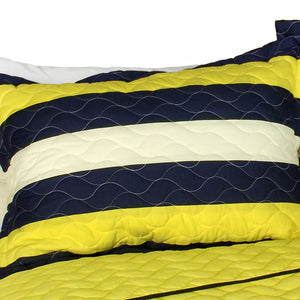 Navy Blue Yellow Striped Teen Boy Bedding Full/Queen Quilt Set - Pillow Sham