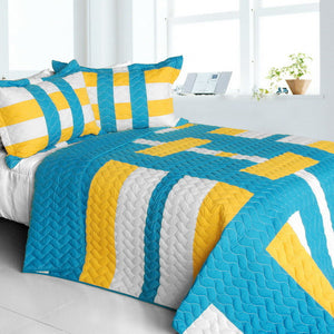 Turquoise Blue Yellow & White Striped Teen Bedding Full/Queen Quilt Set Geometric Modern Bedspread