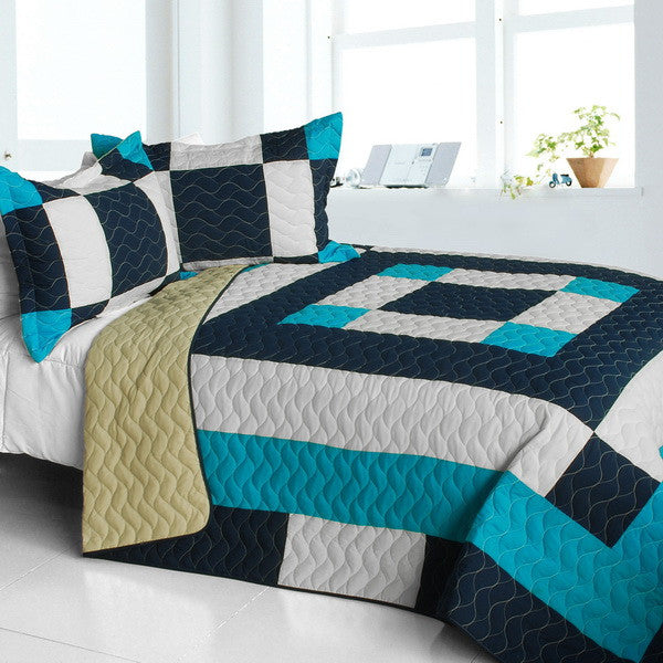 Modern Turquoise Blue White Patchwork Boys Bedding Full/Queen Quilt Set Geometric Bedspread Kids or Teen