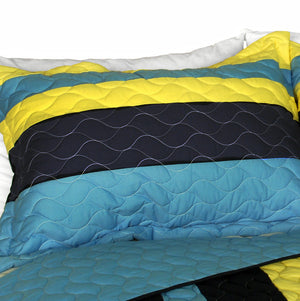 Modern Blue Yellow Striped Teen Boy Bedding Full/Queen Quilt Set - Pillow Sham