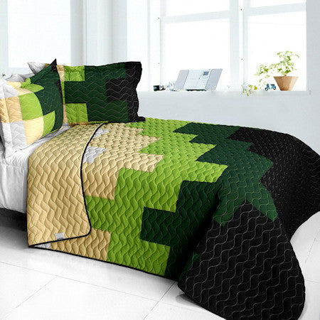 Geometric Colorblock Bedding Green Black Full/Queen Quilt Set Teen Boy Bedspread