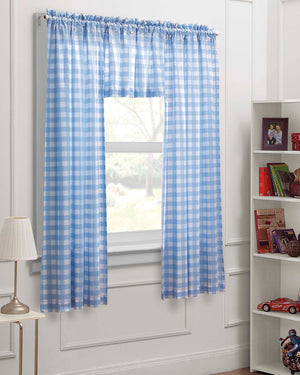 Blue and White Gingham Plaid Check Print Window Curtain Set 3pc - Panels with Valance 63"