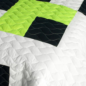 White Navy Green Geometric Pixel Teen Boy Bedding Full/Queen Quilt Set - Detail