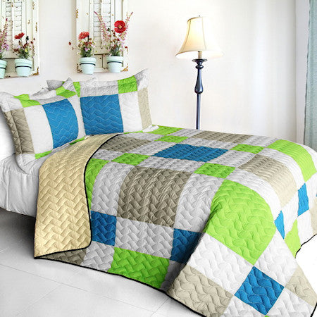 Lime Green Blue White Patchwork Teen Bedding Full/Queen Geometric Quilt Set Modern Bedspread