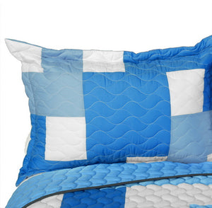 Sky Blue & White Geometric Colorblock Boys Bedding Full/Queen Patchwork Teen Quilt Set Modern Bedspread