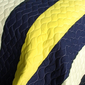 Navy Blue Yellow Striped Teen Boy Bedding Full/Queen Quilt Set - Detail