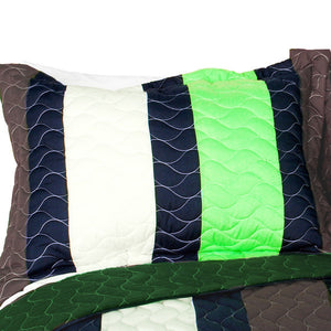 Black Brown Green Striped Teen Boy Bedding Full/Queen Quilt Set - Pillow Sham