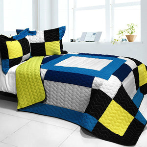 White Blue Yellow Black Geometric Teen Boy Bedding Full/Queen Patchwork Quilt Set Modern Bespread
